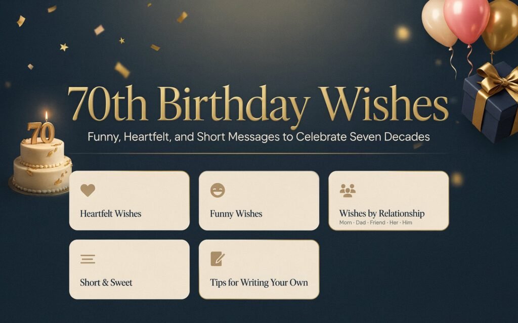 realistic infographic showing different types of 70th birthday wishes including heartfelt, funny, short, and relationship-based messages