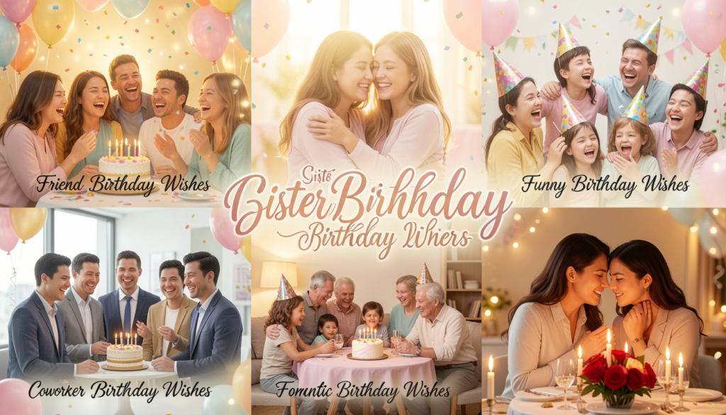 Colorful birthday wishes banner showing different categories of messages including friend, sister, coworker, family, funny and romantic birthday greetings with festive celebration design