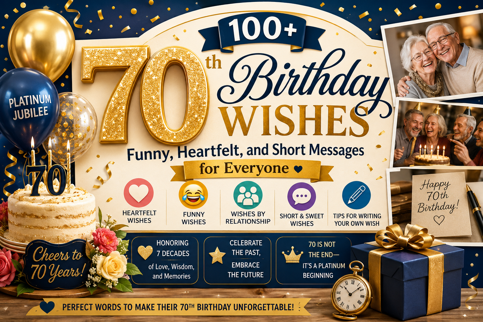 70th birthday wishes feature image showing platinum jubilee celebration with funny, heartfelt, and short birthday messages in a festive golden design