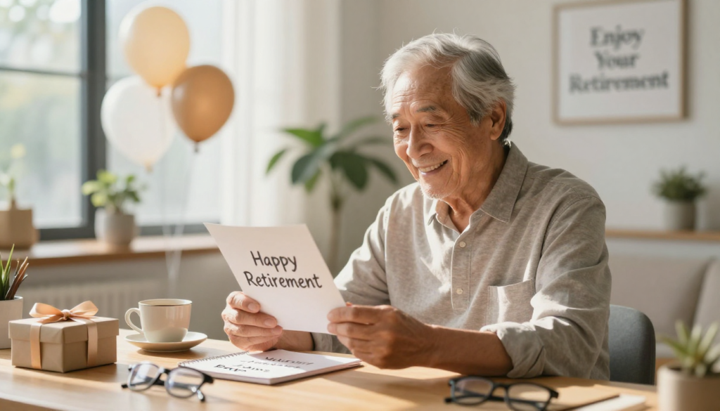 Realistic retirement celebration scene with smiling senior person receiving retirement card in warm home setting