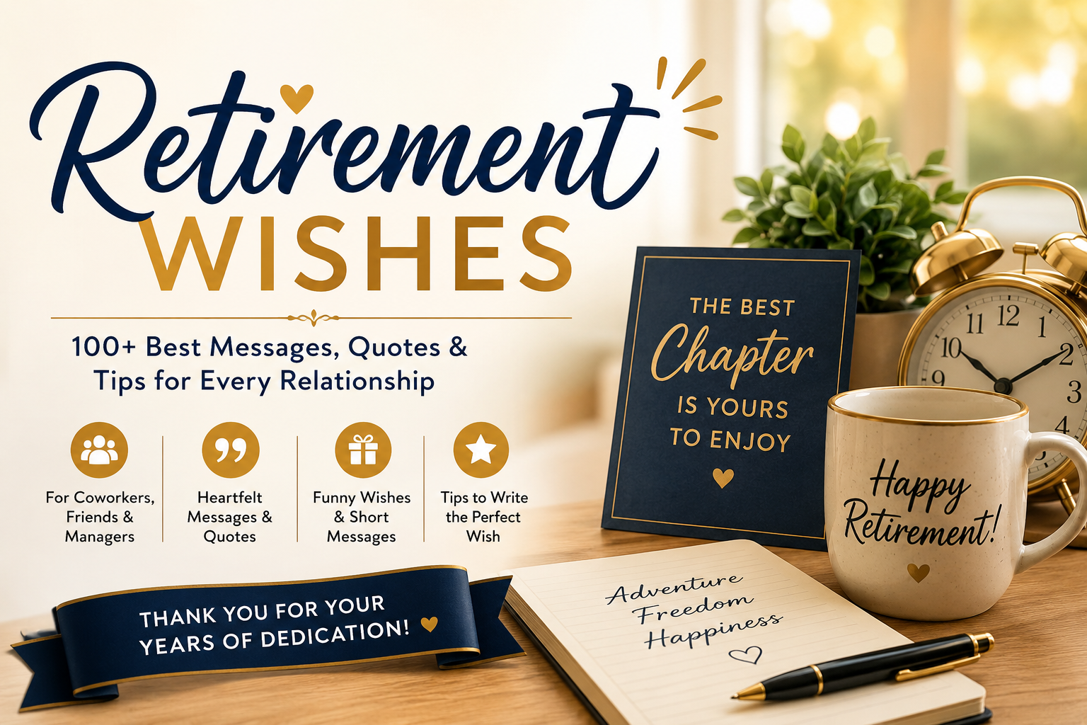 Ultra realistic retirement celebration banner showing happy retiree with messages, quotes, and retirement wishes for coworkers, friends, and family