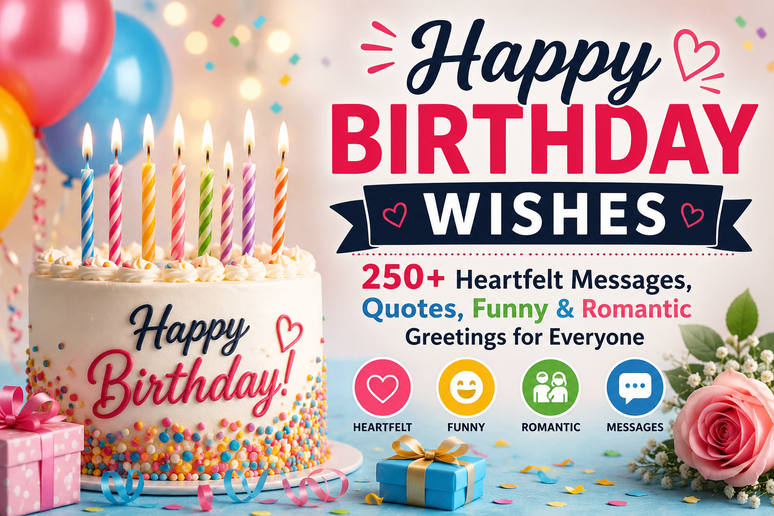 Colorful happy birthday wishes banner with cake, candles, balloons, and text highlighting 250+ heartfelt, funny, and romantic birthday messages.