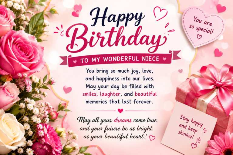 Beautiful birthday wishes for niece greeting card with pink flowers, gift box, hearts, and a heartfelt Happy Birthday message.