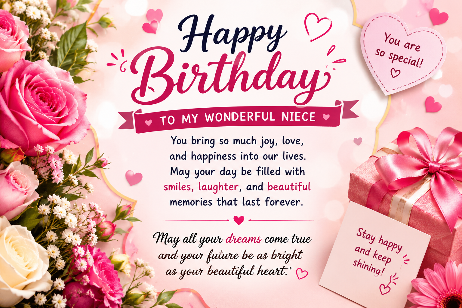 Beautiful birthday wishes for niece greeting card with pink flowers, gift box, hearts, and a heartfelt Happy Birthday message.