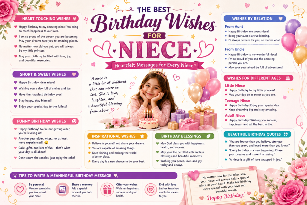 Colorful birthday wishes for niece infographic featuring heartfelt, funny, short, inspirational, and blessing messages with balloons, flowers, gifts, and a birthday cake.
